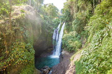 Famous Aling-Aling waterfall without people among green tropical jungle on the north of Bali island, Indonesia