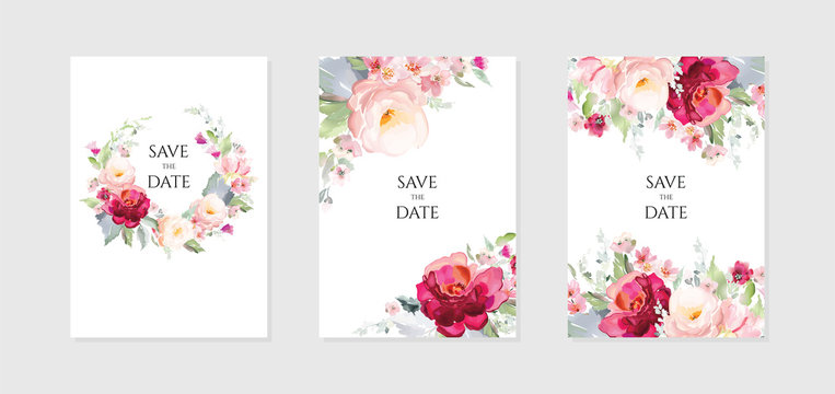 Set of vector floral elements and flowers in watercolor style for cards and wedding invitations.