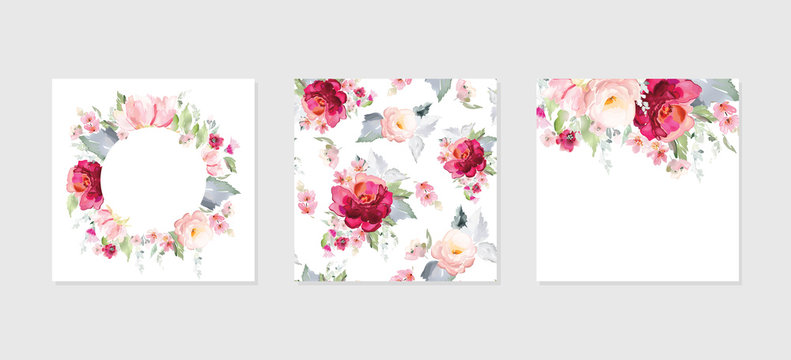 Set of vector floral elements and flowers in watercolor style for cards and wedding invitations.