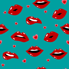Female lips. Mouth with a kiss, smile, tongue, teeth and kiss me lettering on background. Vector comic seamless pattern in pop art retro style. Abstract seamless pattern for girls, boys, clothes.