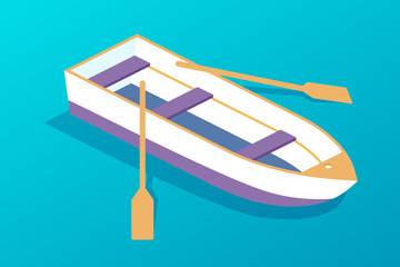 Wooden boat with oars. Water transport, fishing boat, travel, hobbies.