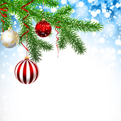 Christmas greeting card with pine branches and balls. Illustration New Year background, vector.