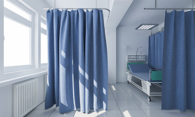 Wheeled Bed Behind Privacy Curtains in a Medical Clinic 3d rendering