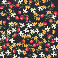Tropical flower seamless vector pattern, floral fashionable tropic background for fabric textile, exotic floral texture for print, trendy natural hand drawn leaves for fashion textile on black