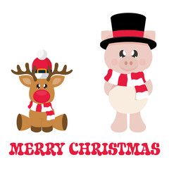 cartoon christmas deer and winter pig with scarf in hat and christmas text