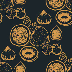 lemon, figs, kiwi, mangosteen tropical fruits seamless pattern