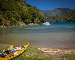Kayak on the shore in Marlborough sounds