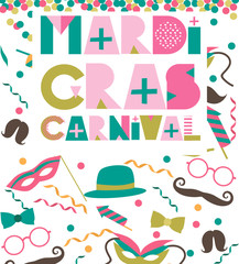 Carnival poster for Mardi Gras with abstract paper cut shapes. Editable Vector illustration