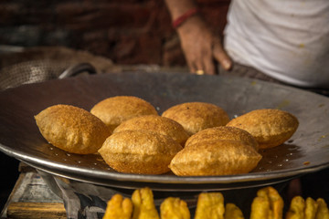 Puri Bhaji being sold at a food stall at Chandani chawk, Delhi