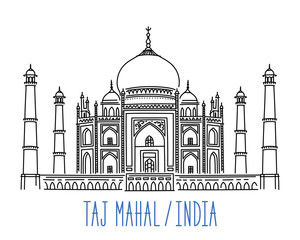 Taj Mahal mausoleum, India. Hand drawn outline vector illustration isolated on white background