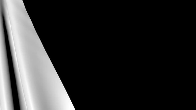 The white cloth falls off revealing a black background. Animated form of the canvas in motion. 