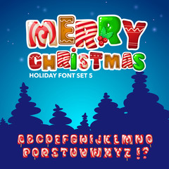Sweet lollipop font. Set of Merry Christmas alphabet letters. ABC - candy comic font. Cartoon lettering template for poster, banner, greeting card on Christmas and New Year. Vector illustration
