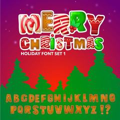 Merry Christmas gingerbread font. ABC - holiday alphabet set. Merry Christmas and Happy New Year figures , food lettering template for badge, banner, kids' illustration, app, its design. 