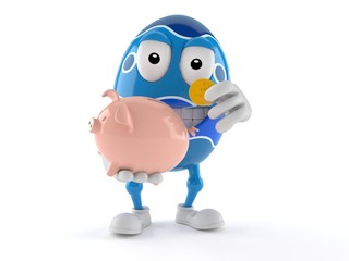Easter egg character holding piggy bank
