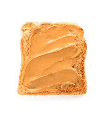 Toasted bread with peanut butter on white background