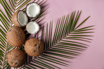 Obraz na płótnie Canvas Ripe coconuts and palm leaves on color background