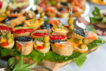 Close up of small canapes arranged on a plate over light background - selective focus
