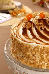 Macro close up of appetizing white chocolate cake with walnuts and Physalis with out of focus cake in background.