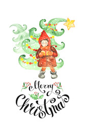 Watercolor Christmas children's collection with bears, Bunny, girl, snowman, Christmas trees, pine branch, berries, leaves, Christmas sock, frames, cards, wreaths on white background