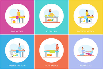 Back and Self, Hot Stones Massage Icons Set Vector