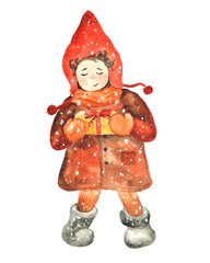 Watercolor Christmas children's collection with bears, Bunny, girl, snowman, Christmas trees, pine branch, berries, leaves, Christmas sock, frames, cards, wreaths on white background