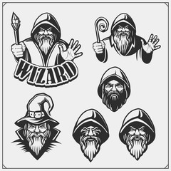 Set of wizard or magician emblems, labels and design elements. Illustrations of sorcerer with black pointed hat.