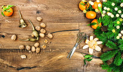 Tangerine fruits walnuts vintage accessories golden lights decoration