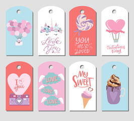 Set of cute stickers with romantic style for Valentine's Day, Save the date, wedding day, love you card. Editable vector illustration