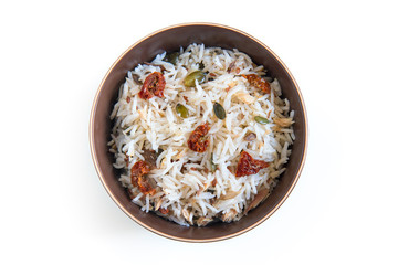 delicious basmati cold rice, top view of food served in a bowl on white background.