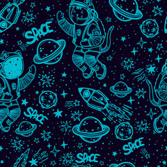 Vector seamless pattern. Cat astronaut soaring in space. Comic style illustration. - 235680549