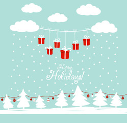 Cute winter holiday background with blue sky, snowflakes, clouds, gift and Christmas trees decorating with holiday toys. Stylish Christmas and New Year vector illustration. Funny winter landscape