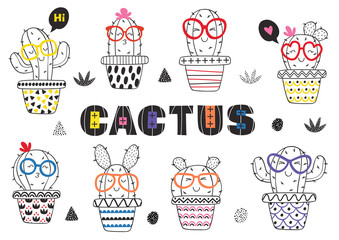 set of isolated coloring funny cactus in glasses - vector illustration, eps © nataka