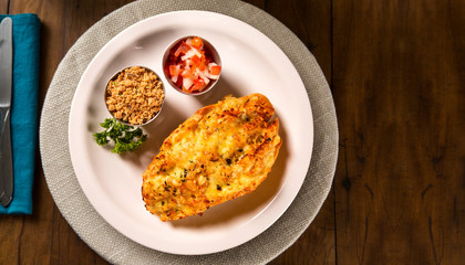 Delicious healthy food. Bread with gratin cheese. View from the top.