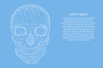 Skull human from abstract futuristic polygonal white lines and dots on blue background for banner, poster, greeting card. Vector illustration.