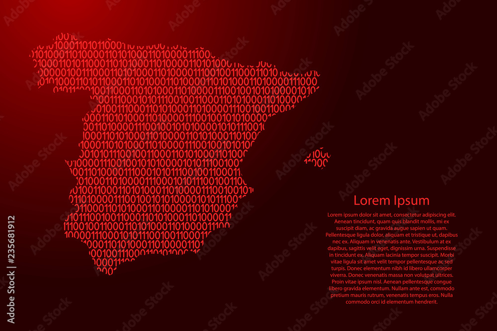 Fototapete spain map abstract schematic from red ones and zeros binary digital code for banner, poster, greetin