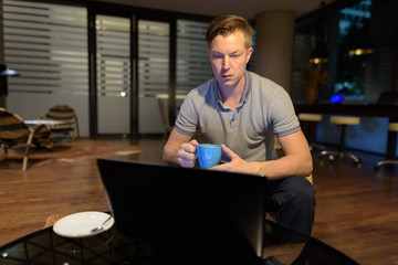 Fototapeta premium Young handsome man using laptop in the living room