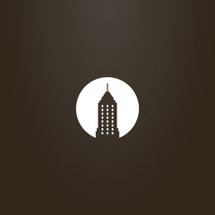 white sign on a black background. vector flat art negative space round sign of skyscraper with a spire