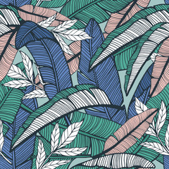 Seamless tropical pattern with banana leaves. Hand drawn vector