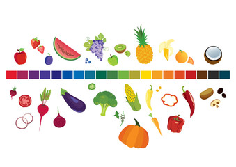 Colorful fruits and vegetables vector. Fruits and vegetables in the Color spectrum. Fruit and vegetable icon set. colorful food collection. Color range vector illustration
