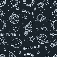 Space elements hand drawn seamless pattern. Vector illustration.
