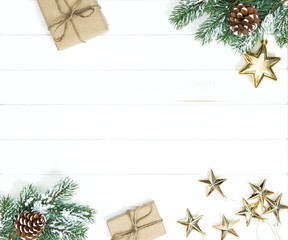 Christmas tree branches gifts golden ornaments