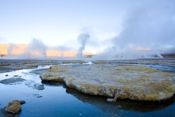 Frozen water and fumaroles at an altitude of 4300m, El Tatio Geysers, Atacama desert, Antofagasta Region, Chile, South America
