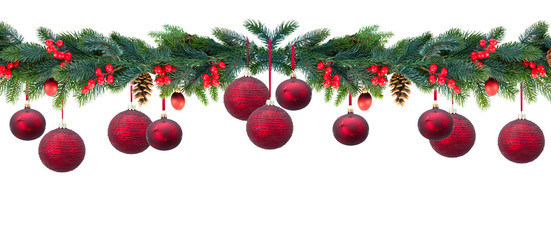 Naklejka na ściany i meble Christmas evergreen garland with red hanging balls, cones and berries on isolated white background