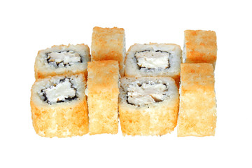 Hot fried sushi rolls with chicken and cheese. Isolated on white background. Menu.