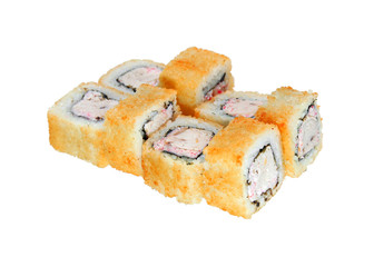 Portion hot fried rolls with crab meat and chicken fillet. Isolated on white background. Menu.