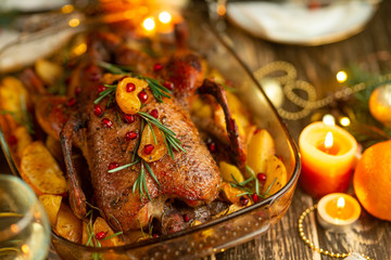 Fototapeta na wymiar Fried festive duck, or chicken. Background for a menu or a book of recipes