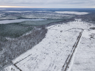 Aerial view of the lake, snow field and winter forest 