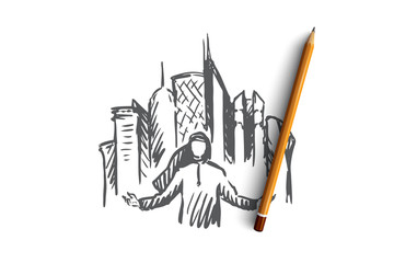 Megapolis, city, businessman, muslim concept. Hand drawn isolated vector.