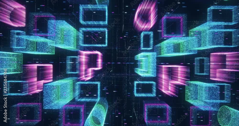 Poster Seamless loop abstract hologram 3D city rendering with futuristic matrix. Digital buildings with a binary code particles network. Technology and connection concept. 