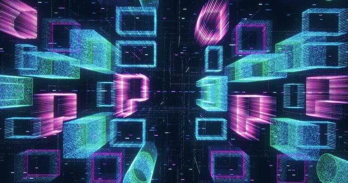 Seamless loop abstract hologram 3D city rendering with futuristic matrix. Digital buildings with a binary code particles network. Technology and connection concept. 
